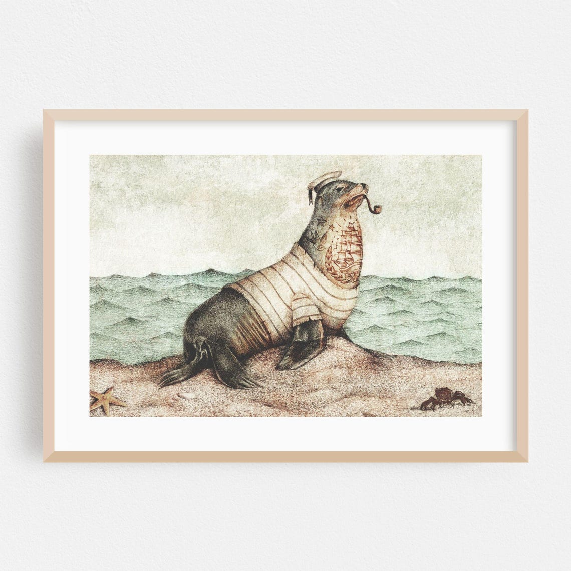 Sailor Seal Striped Shirt Pipe Tattoo Vintage Coastal Poster