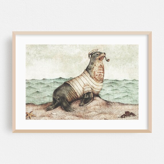 Sailor Seal Striped Shirt Pipe Tattoo Vintage Coastal Poster