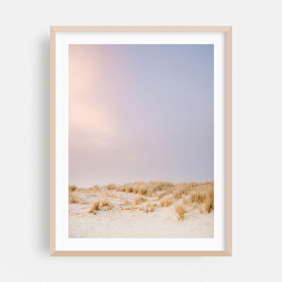 Pastel Beach Dunes Under Soft Blush Sky Minimal Coastal Photo Poster