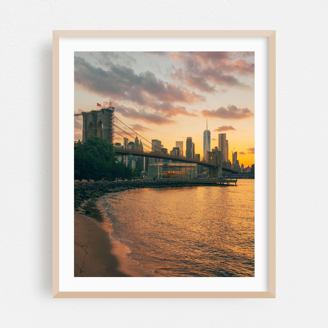 Brooklyn Bridge Glowing Sunset Over Manhattan Skyline River View Poster