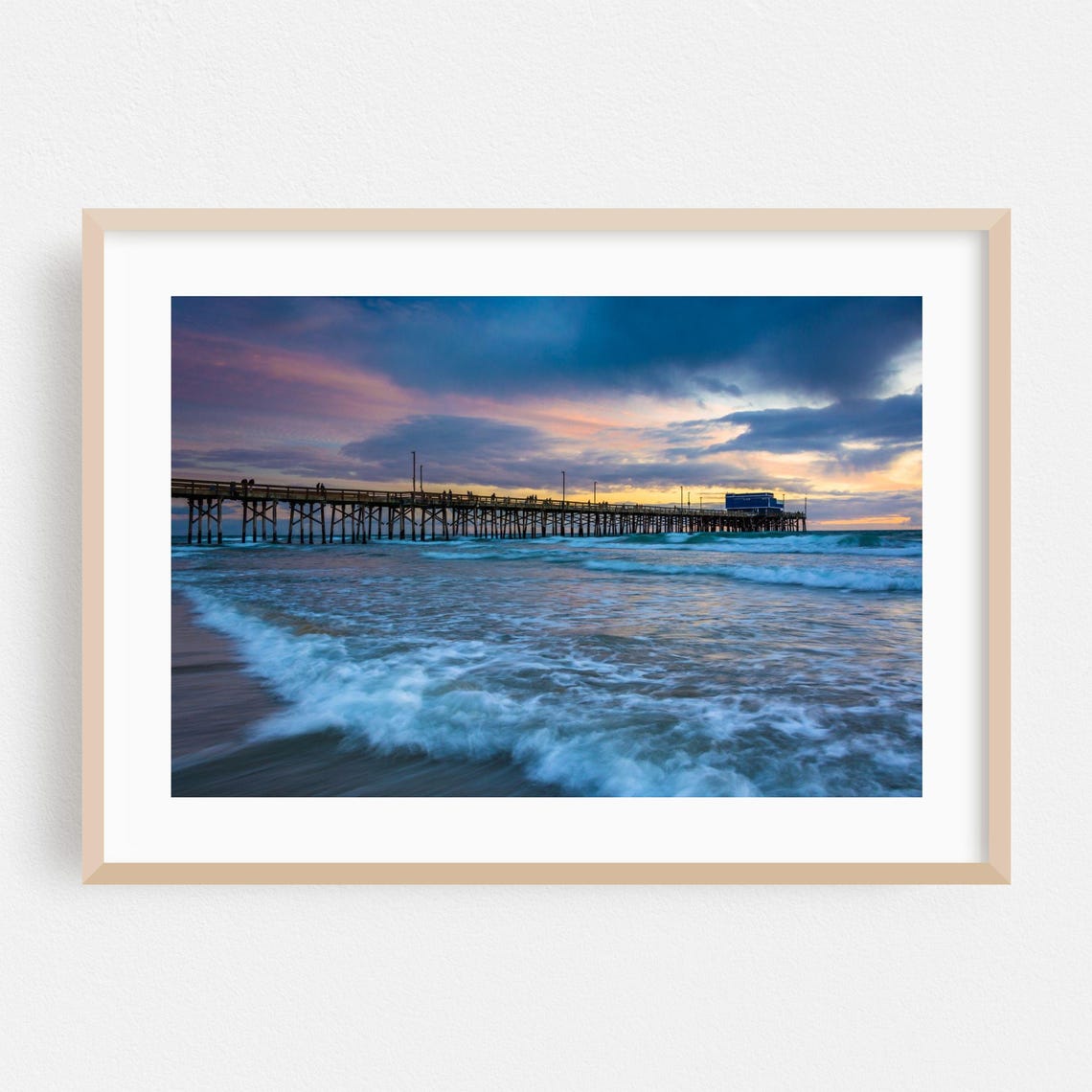 Newport Beach Pier Sunset Rolling Waves Long Exposure Poster