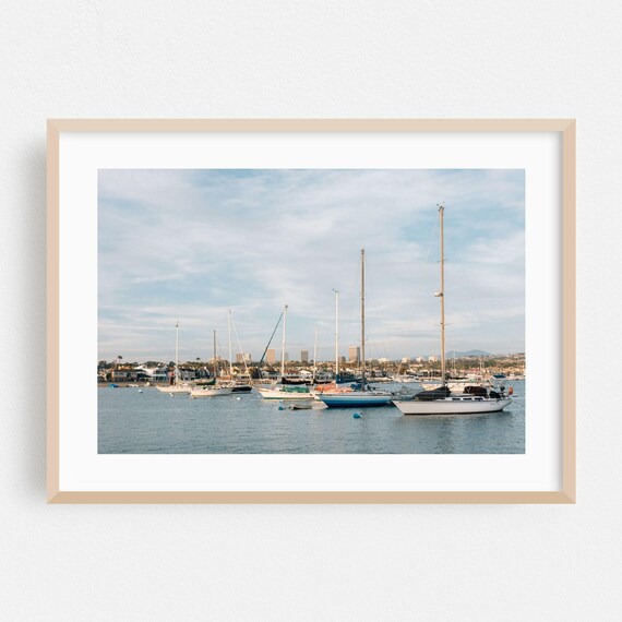 Newport Beach Sailboats Anchored Harbor Marina Sunset Scene Poster