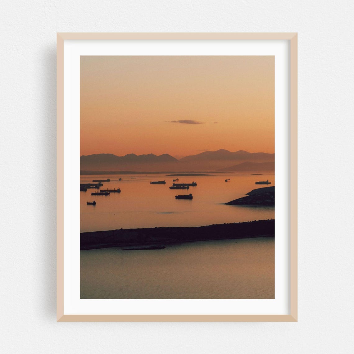 Perama Greece Sunset Harbor with Anchored Ships Silhouette Poster