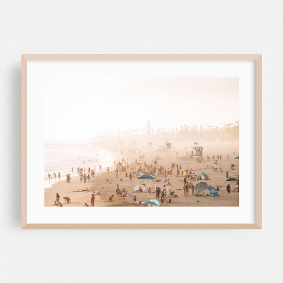 Huntington Beach Golden Hour Photo Poster with Crowds and Lifeguard