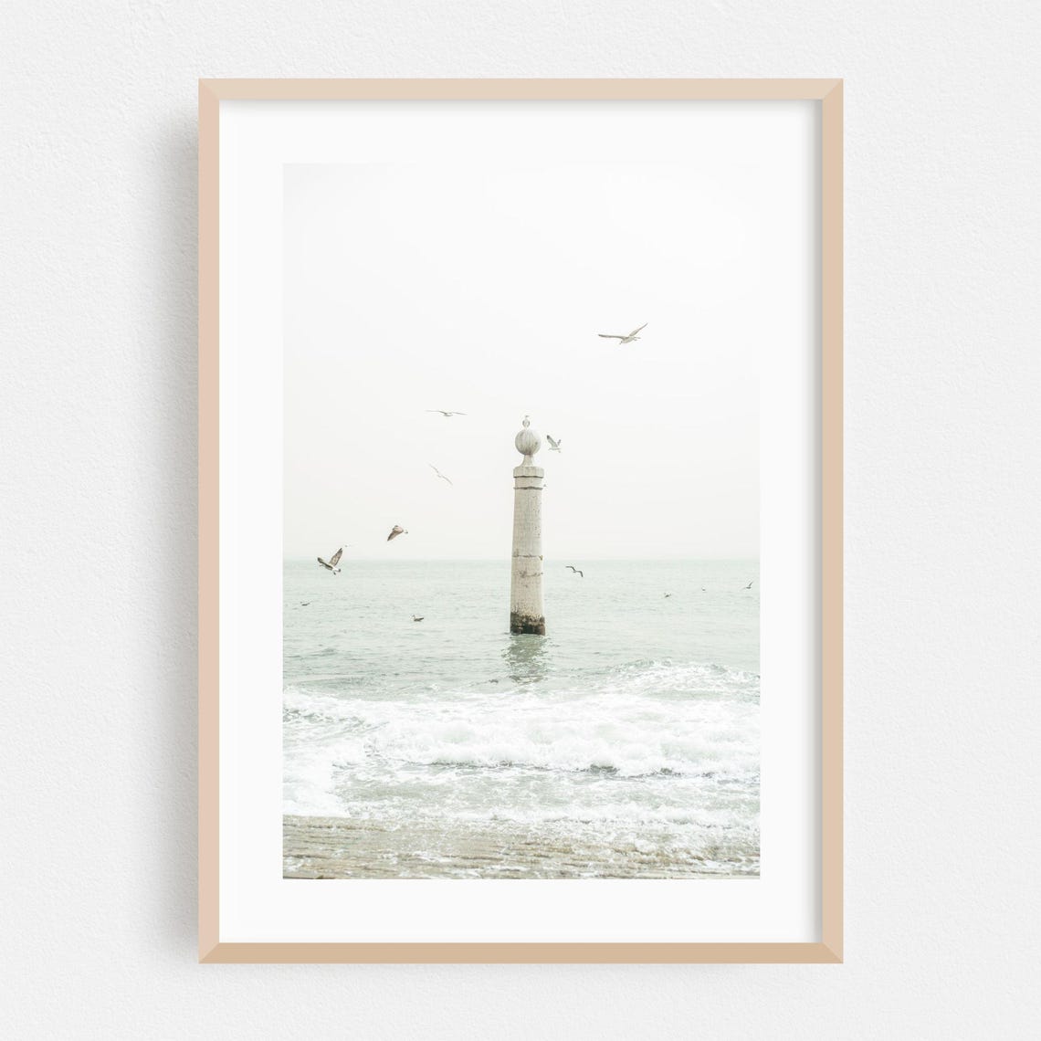 Lisbon Coast Minimalist Sea Column Seagulls Serene Photo Poster