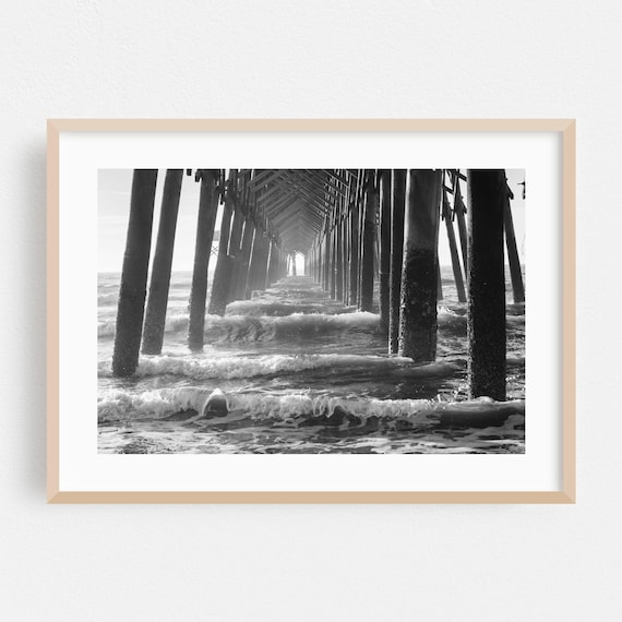 Black And White Ocean Pier Photograph Waves Under Boardwalk Poster