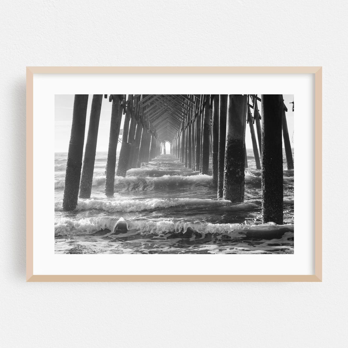 Black And White Ocean Pier Photograph Waves Under Boardwalk Poster