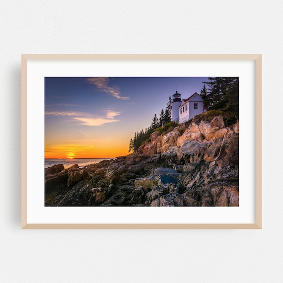 Maine Lighthouse Rocky Coast Sunset Ocean Photography Poster