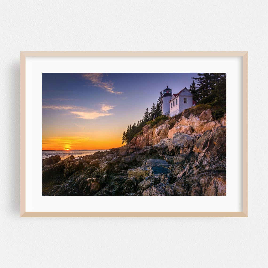 Maine Lighthouse Rocky Coast Sunset Ocean Photography Poster
