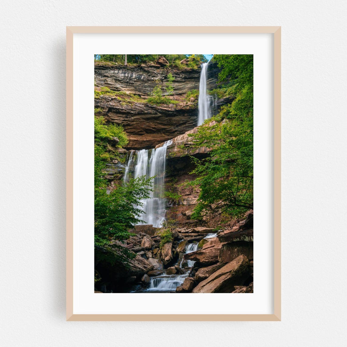 Lush Forest Waterfall Cascading Cliffs Nature Photography Art Poster