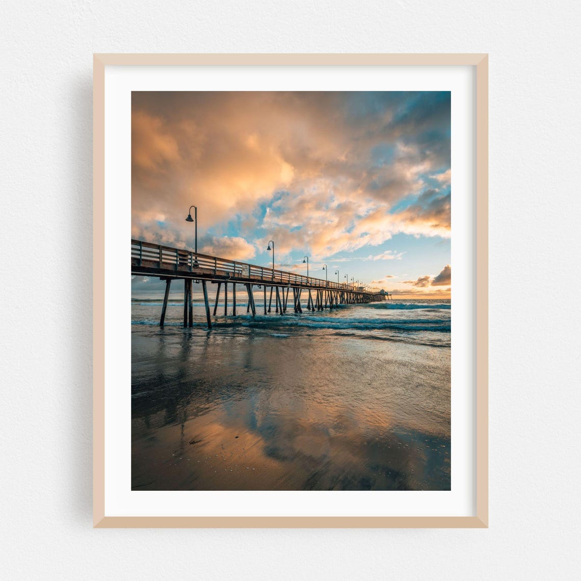 Wooden Ocean Pier Reflection on Wet Sand at Sunset Beach Photo Poster