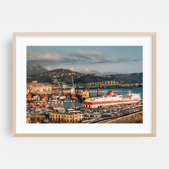 Salerno Italy Container Port Ferry Cranes Sunset Photo Poster