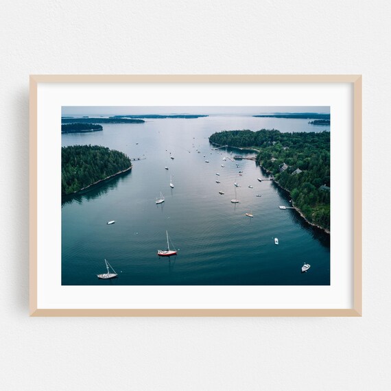 Maine Coastal Harbor Sailboats Aerial Fine Art Photography Poster