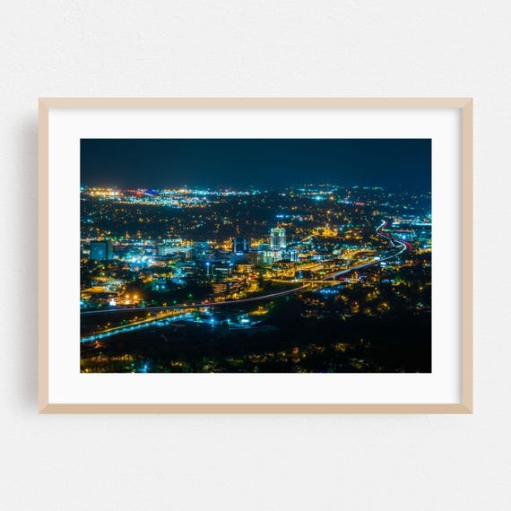 Roanoke Print Virginia Wall Art City Framed Skyline Home Decor Nightlife Poster Architecture Fine Night Sky Neon Sign