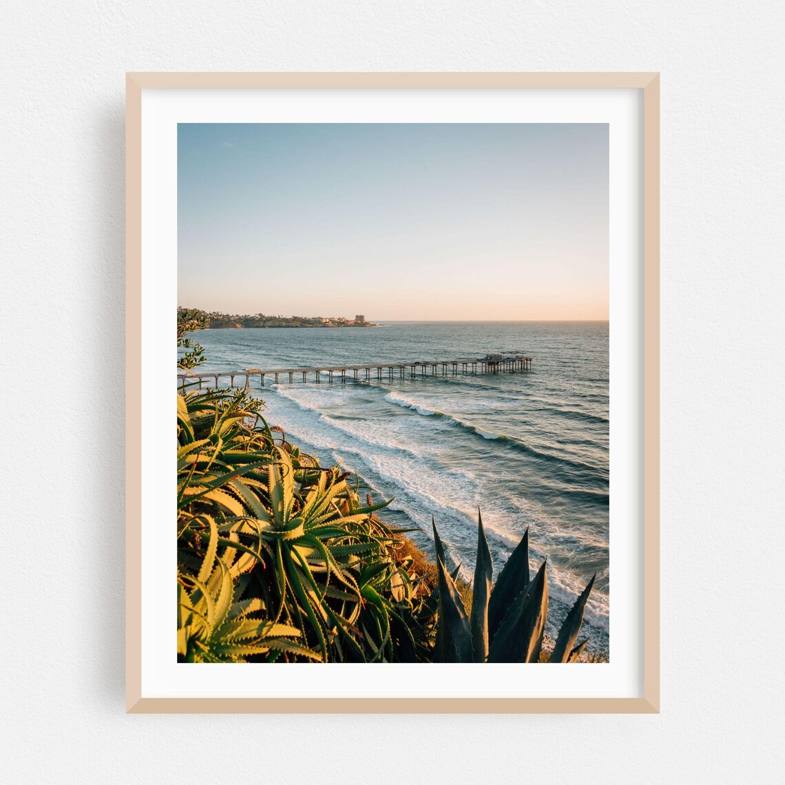 San Diego Sunset Pier Seascape Poster with Golden Agave Foreground