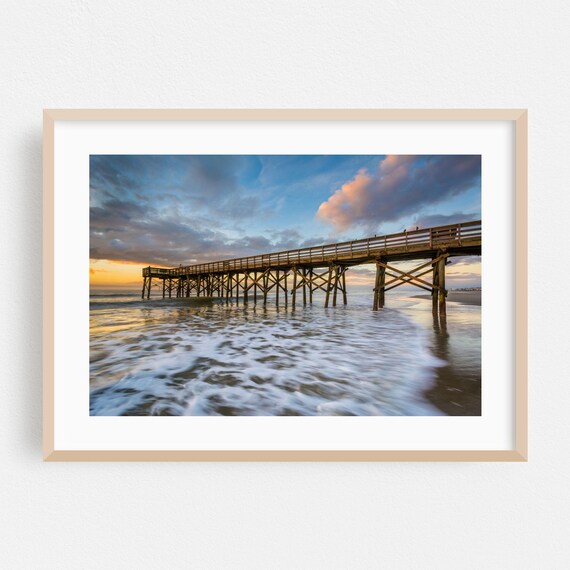 Charleston Beach Pier Photography Print Sunset Ocean Waves Landscape