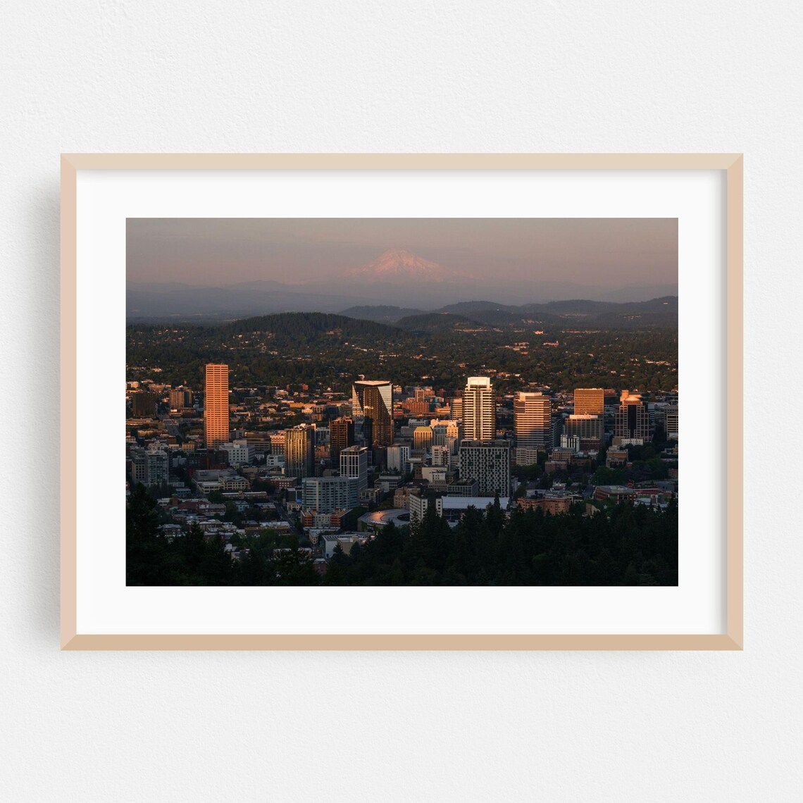 Portland Oregon Skyline With Mount Hood Sunset City View Poster