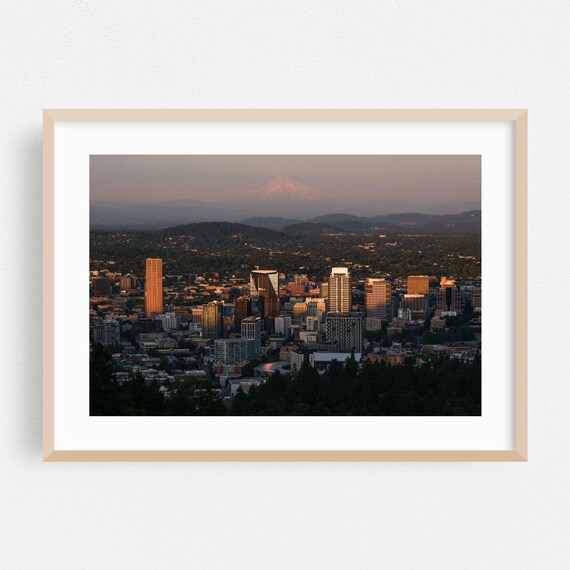 Portland Oregon Skyline With Mount Hood Sunset City View Poster