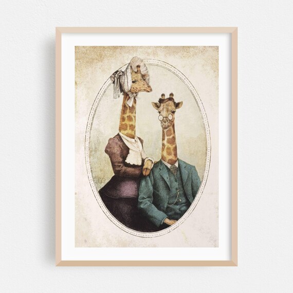 Victorian Giraffe Couple Portrait in Vintage Clothing Poster