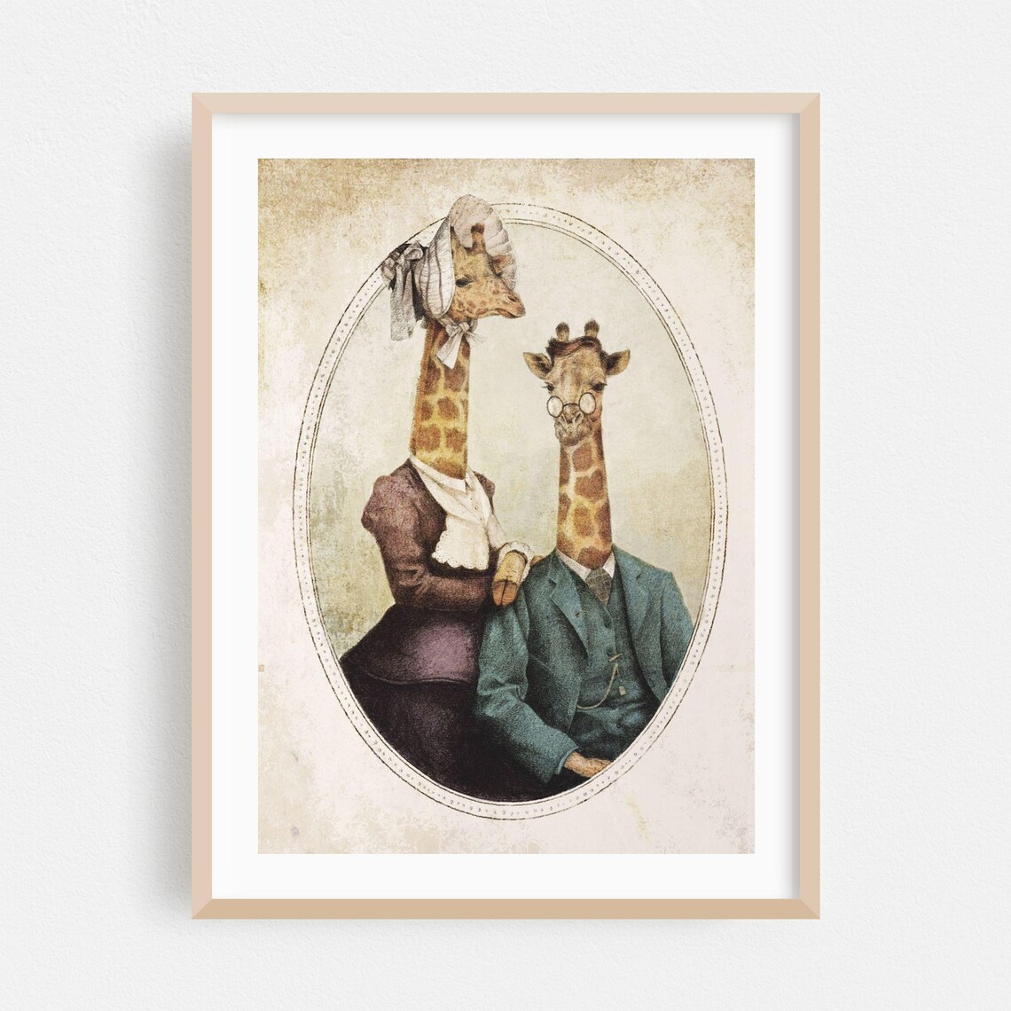 Victorian Giraffe Couple Portrait in Vintage Clothing Poster