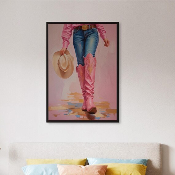 Framed Cowgirl Pink Boots Wall Art Print Western Girl With Hat Poster Bold Country Style Decor Gift For Her Or Modern Ranch Inspired Room
