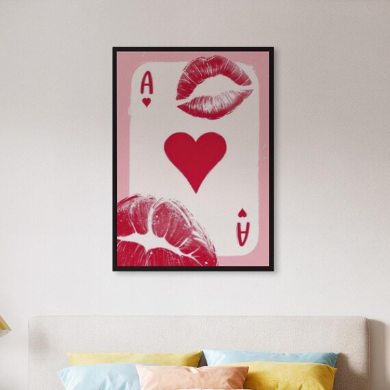 Framed Red Ace Of Hearts Wall Art Print Lips And Love Card Poster Bold Romantic Pop Gift For Her Or Valentine Bedroom Decor Accent