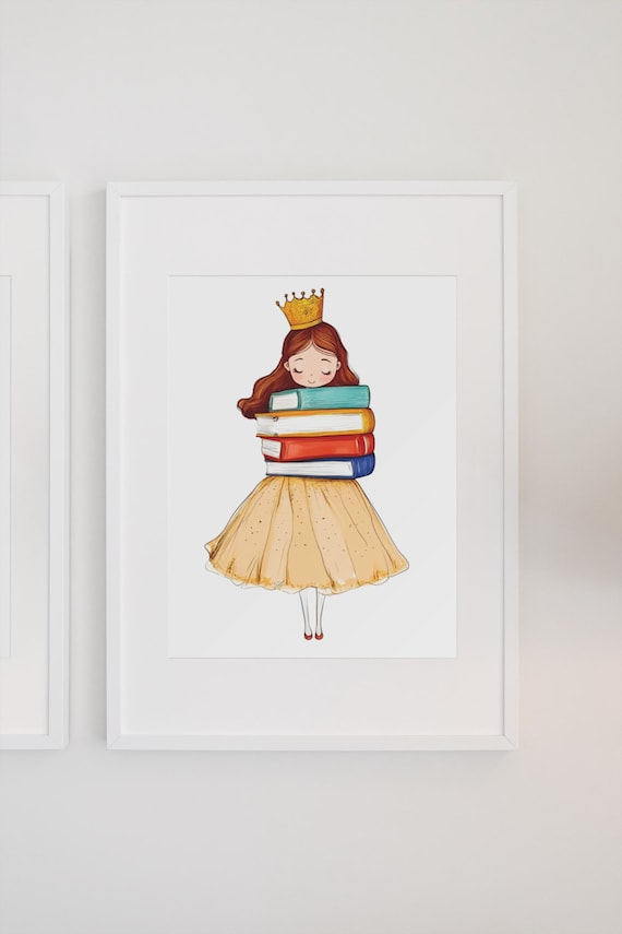 Sleepy Princess With Crown Resting On Books Nursery Decor Poster
