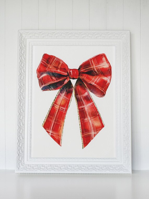 Red Plaid Tartan Ribbon Bow With Gold Trim Vintage Christmas Poster