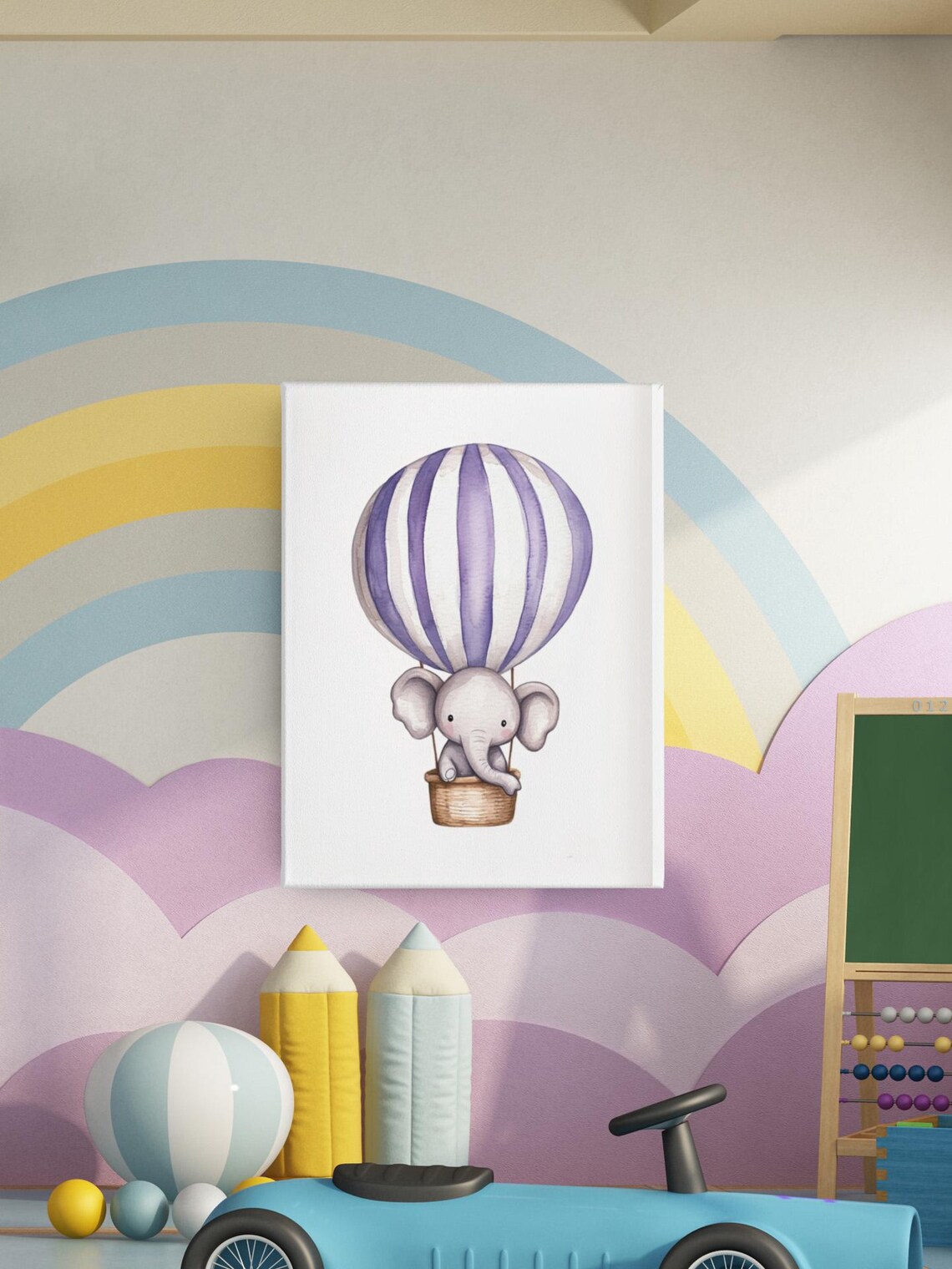 Purple Striped Hot Air Balloon With Baby Elephant Nursery Poster - Image 2
