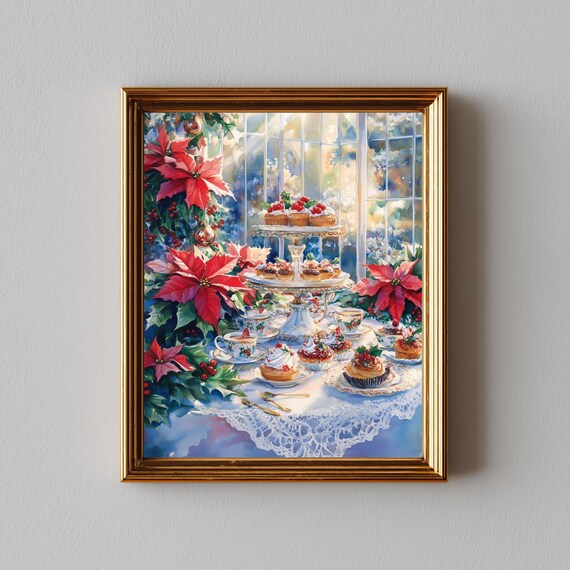 Christmas Morning Tea Party, Festive Watercolor Art Print