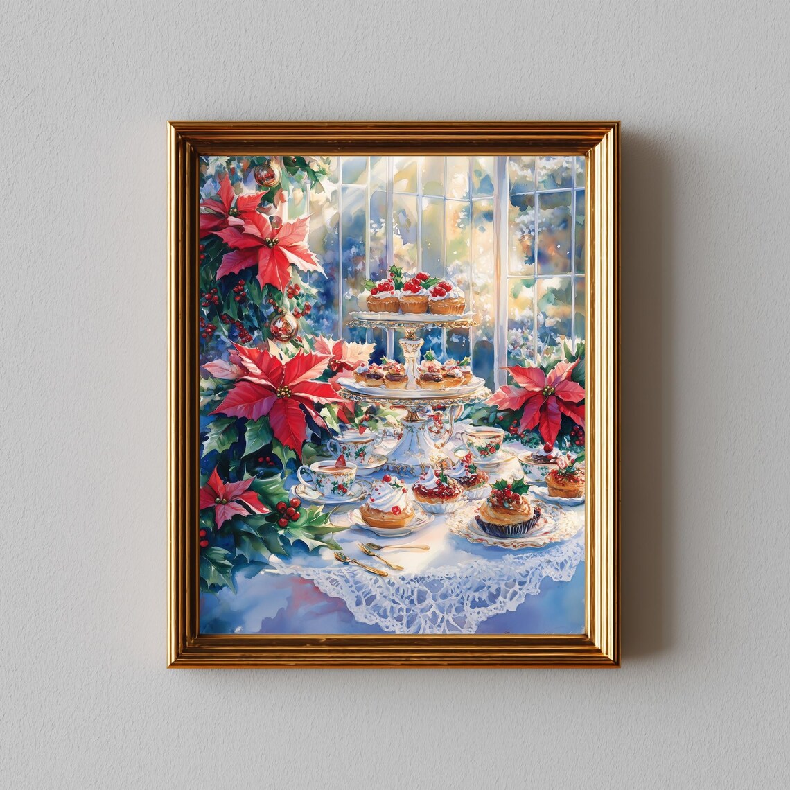 Christmas Morning Tea Party, Festive Watercolor Art Print