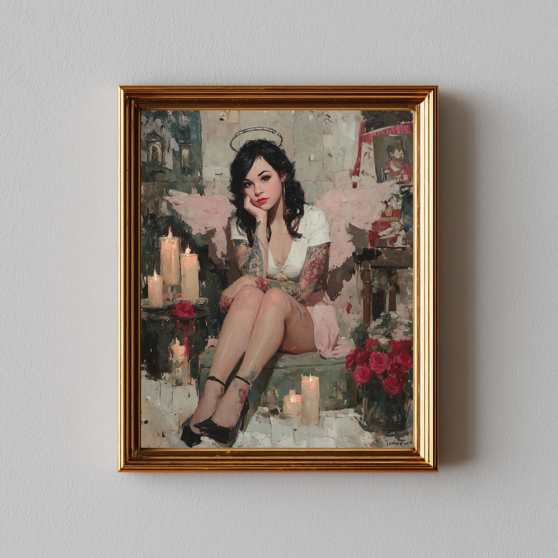 Tattooed Angel Portrait Halo Candles Red Roses Moody Art Poster