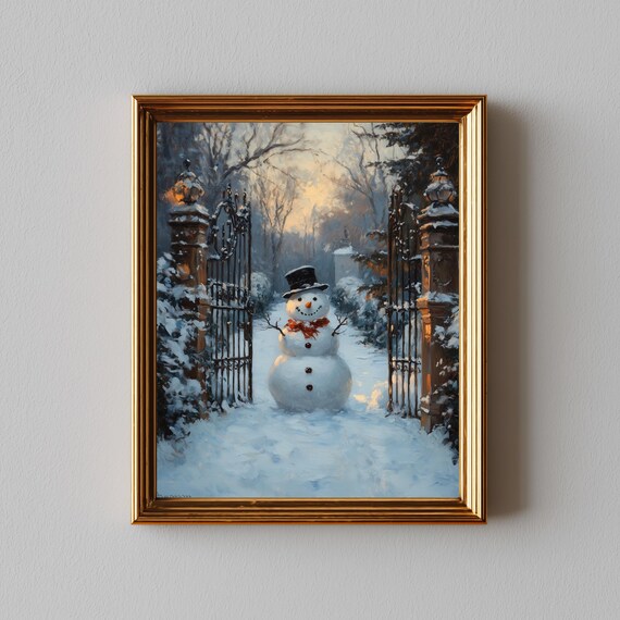 Snowman in Top Hat at Snowy Garden Gate Winter Painting Poster