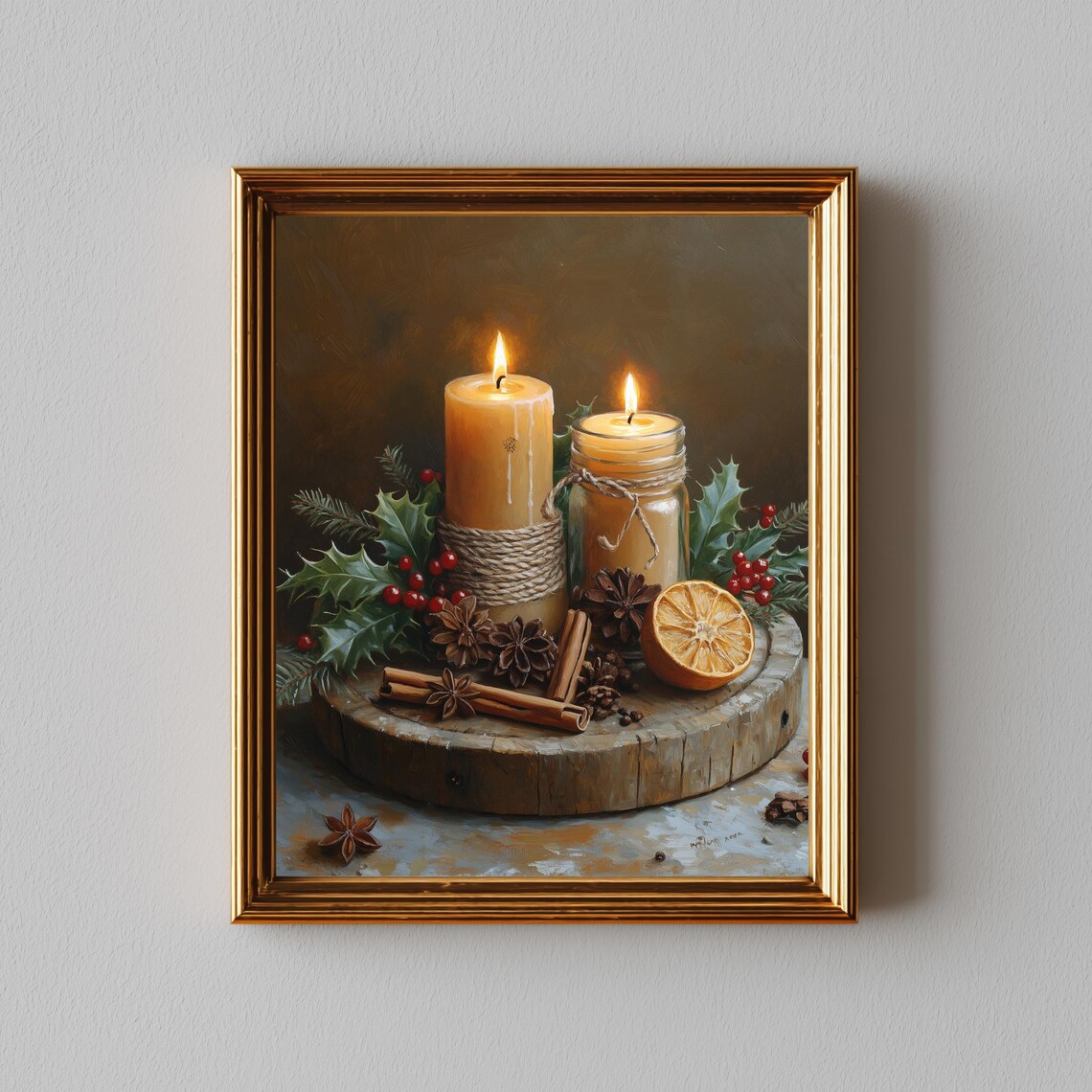 Rustic Christmas Candle Still Life Holly Cinnamon Orange Holiday Art Print