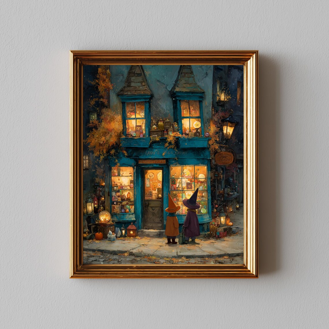 Whimsical Witch Shop Glowing Blue Storefront Cozy Autumn Night Painting Poster
