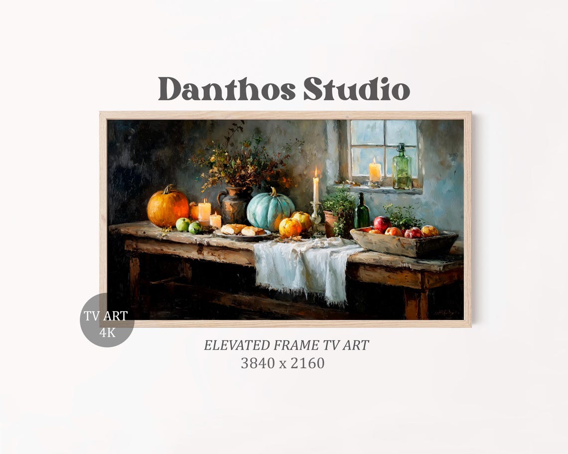 Rustic Autumn Harvest Table with Pumpkins Apples and Candles Poster