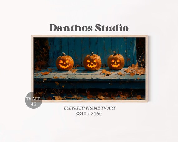 Spooky Jackolanterns Frame Tv Art Moody Fall Painting Wooden Porch Rustic Autumn Decor Halloween 21