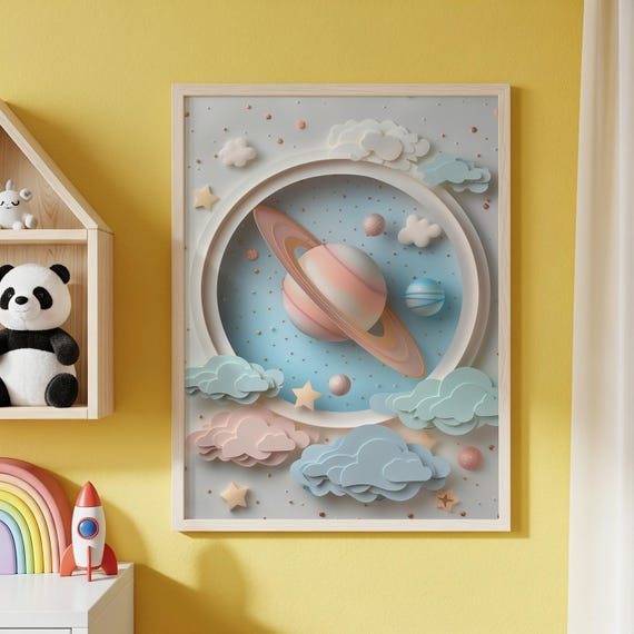 Space Shadowbox Style Art Minimalist Planet Scene Pastel Nursery Decor Outer Kids Room Wall 244
