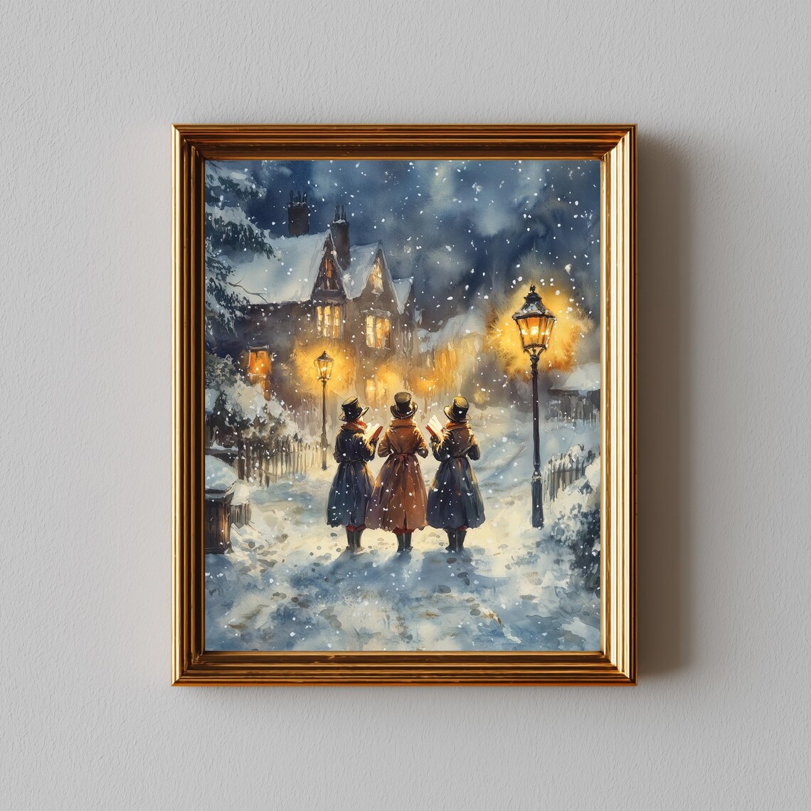 Christmas Carolers Snowy Lamppost Street Night Painting Poster
