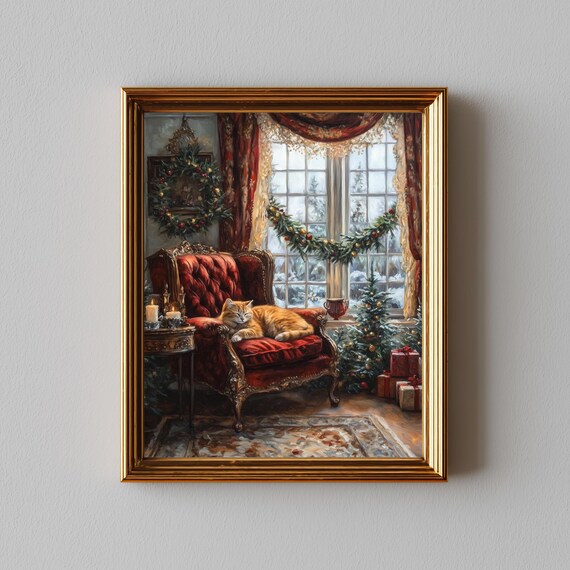 Cozy Victorian Christmas Cat on Velvet Chair Oil Painting Poster