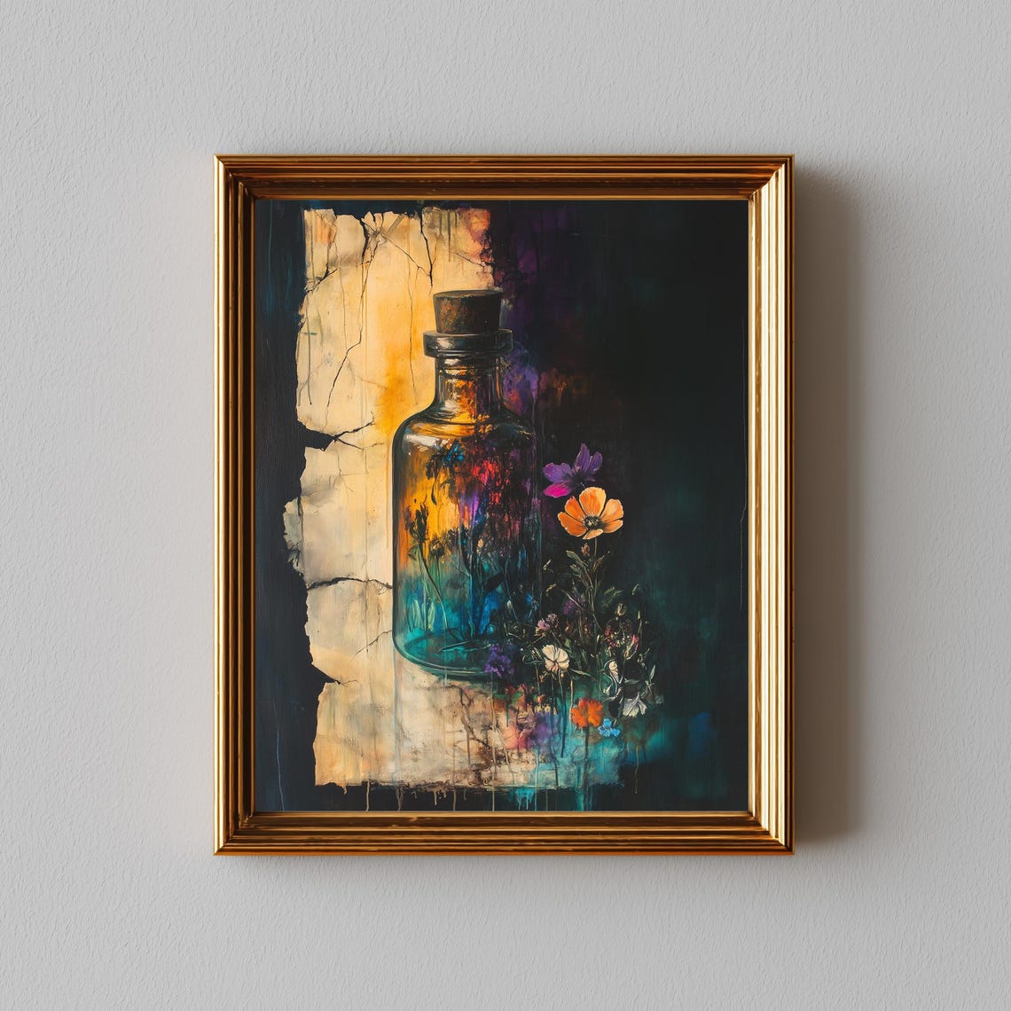 Vintage Potion Bottle Still Life With Wildflowers Dark Art Poster