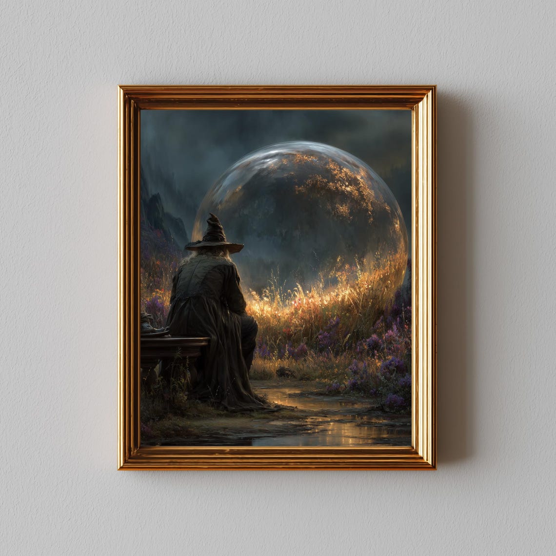 Witch Gazing Giant Moonlit Night Marsh Vintage Halloween Poster