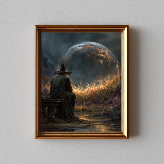 Moody Halloween Witch Oil Painting Mystical Night Scene Rustic Autumn Decor Spooky Wall Art Enchanting Landscape 69
