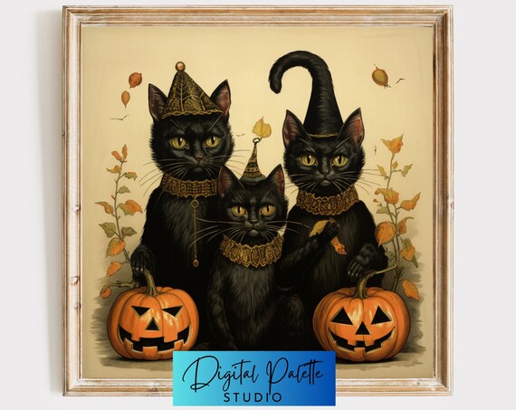 Vintage Cat Trio Halloween Art Print