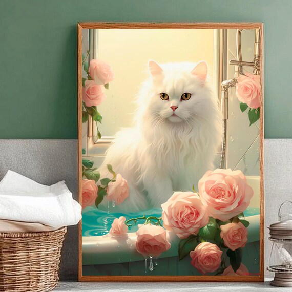 White Fluffy Cat Sitting in a Rose Filled Bathtub Bathroom Print