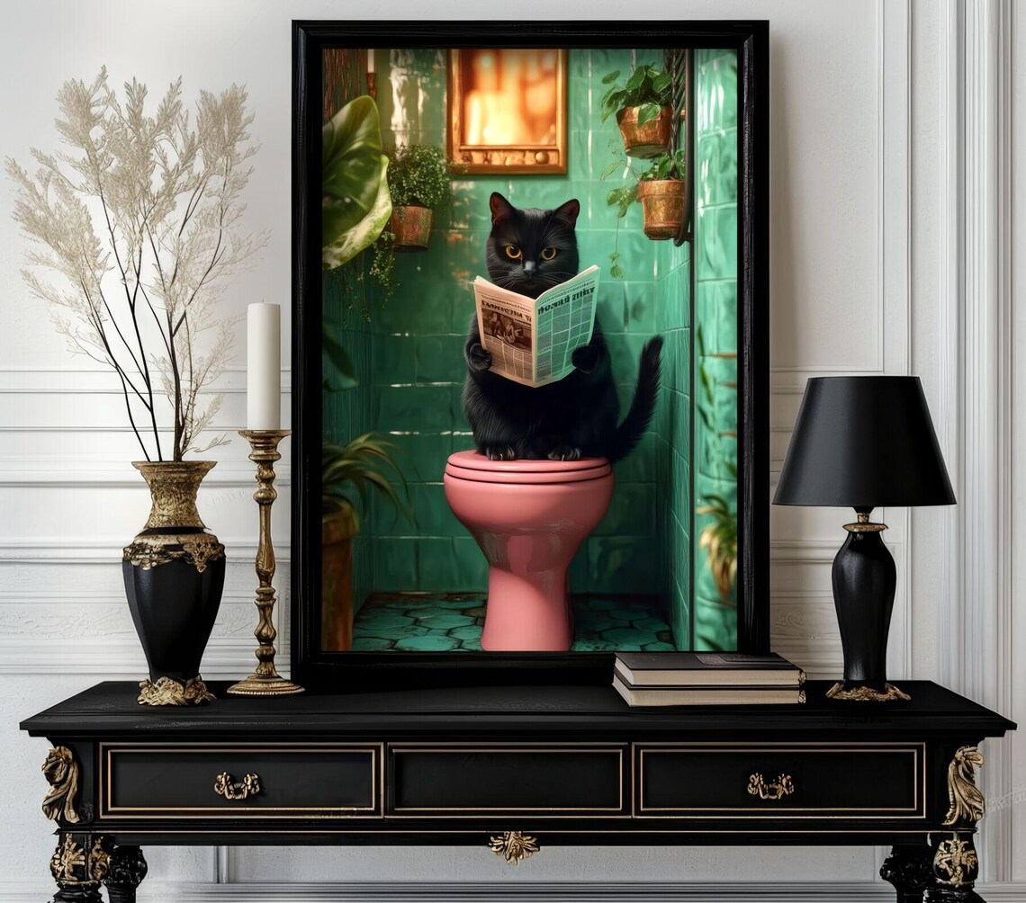 Black Cat Reading Newspaper On Pink Toilet Funny Bathroom Animal Poster