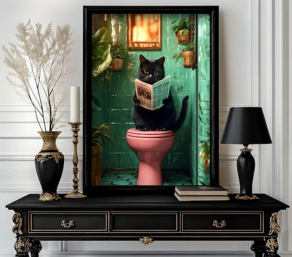 Black Cat Reading Newspaper On Pink Toilet Funny Bathroom Animal Poster