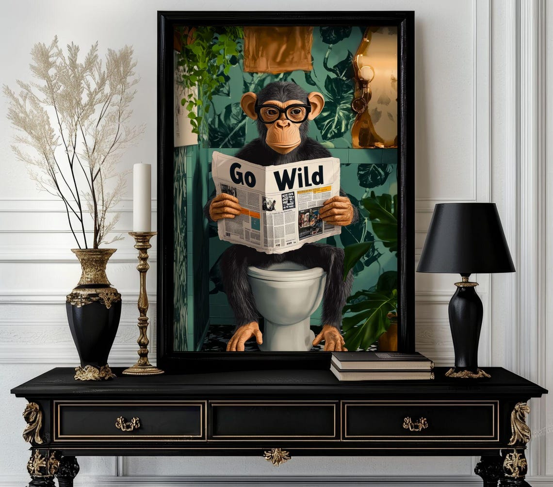 Funny Monkey on Toilet Reading Go Wild Newspaper Retro Art Poster
