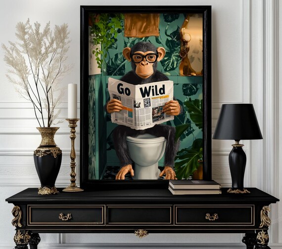 Funny Bathroom Monkey Poster Animal On Toilet Wall Art Gag Gift For Guest Quirky Decor White Elephant 16