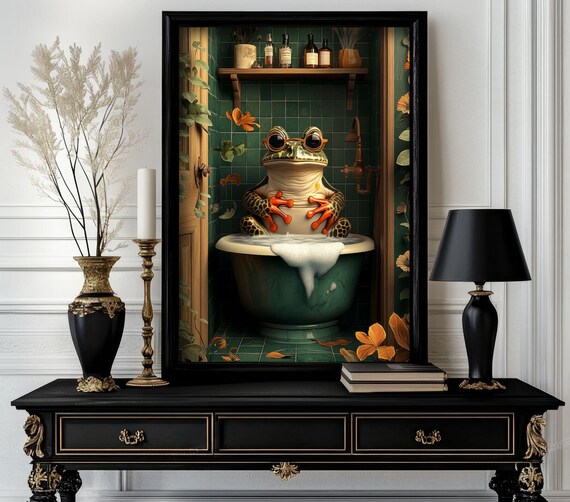 Funny Bathroom Frog Poster Animal On Toilet Wall Art Gag Gift For Guest Quirky Decor White Elephant 35